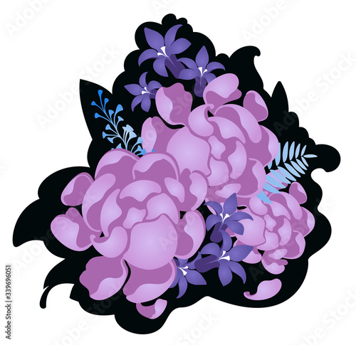 Wallpaper Mural Decorative composition of pink and violet flowers with herbs and leaves on a dark background, vector illustration. Torontodigital.ca