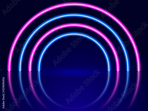 Neon arch-shaped lighting. Abstract background. Vector stok illustration for poster