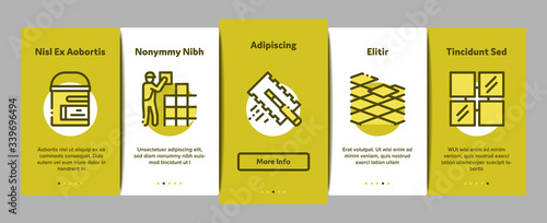Tiler Work Equipment Onboarding Mobile App Page Screen Vector. Tiler Rectangular Notched Trowel And Electrical Tile Cutter, Level Tool And Grinder Color Contour Illustrations