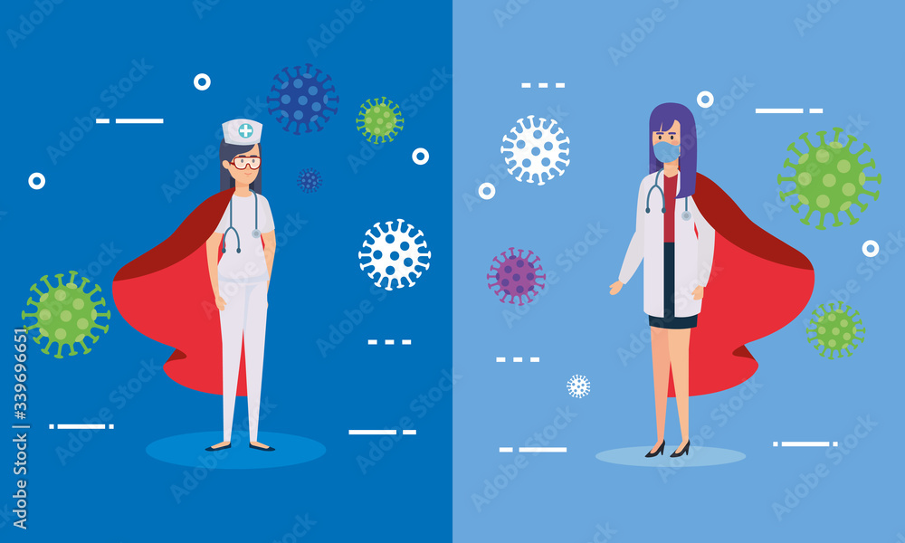 set banner with super doctor female and nurse with hero cloak vector illustration design set banner with super doctor female and nurse with hero cloak vector illustration design