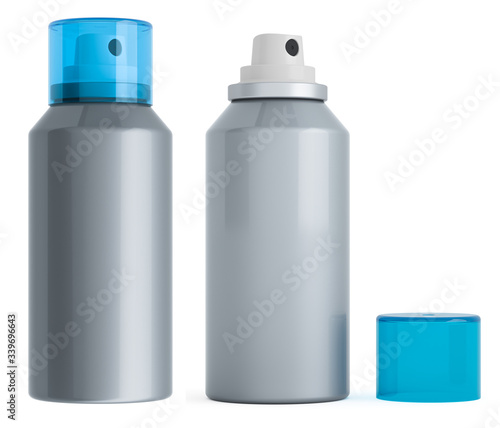 Metal bottles spray aerosol with opened and closed cap, 3D rendering