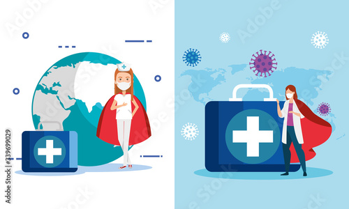 set banner of super nurse and doctor female with hero cloak and icons vector illustration design