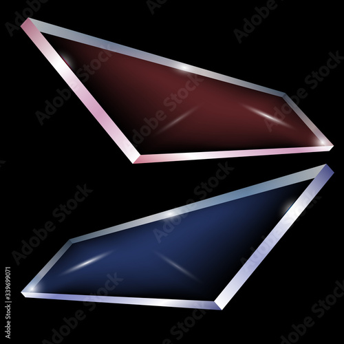 A set of pieces of glass on a dark background. Red and blue glass surface, design element.