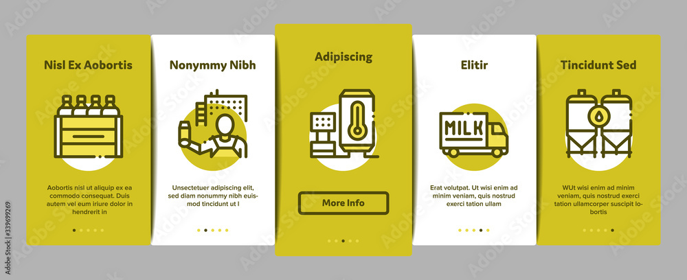 Plakat Milk Factory Product Onboarding Mobile App Page Screen Vector. Cow And Milk In Can, Conveyor And Plant, Bottle And Package, Truck Delivery And Machine Color Contour Illustrations