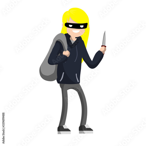 Woman with knife extorting money. Problem of urban security. Thief at work. Extortion and robbery. Bag with money