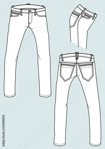 Jeans uomo slim fit con tasche con zip disegno piatto sketch fashion illustration fronte e retro mock up vettoriale