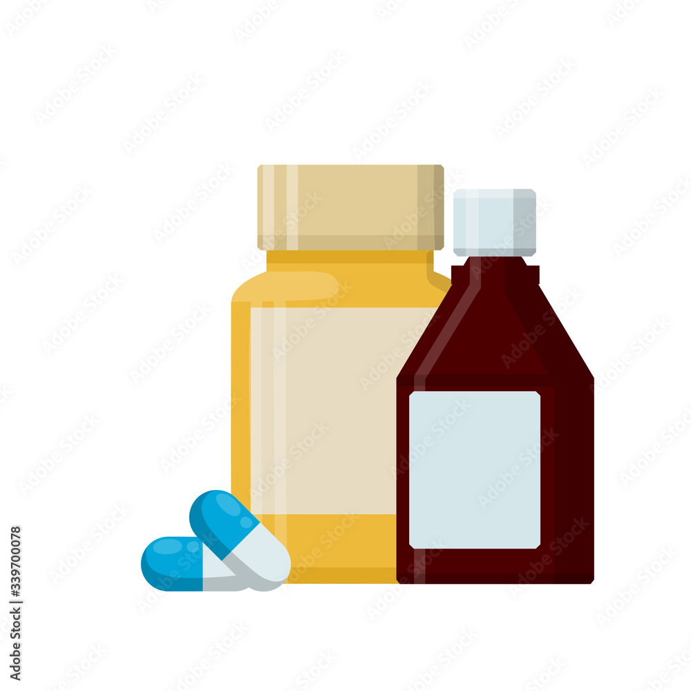 Packaging of tablets. Medical icon for app. Flat illustration. White container with medication. Drugstore and pharmacy elementwith two blue pill Packaging of tablets. Medical icon for app. Flat illustration. White container with medication. Drugstore and pharmacy elementwith two blue pill