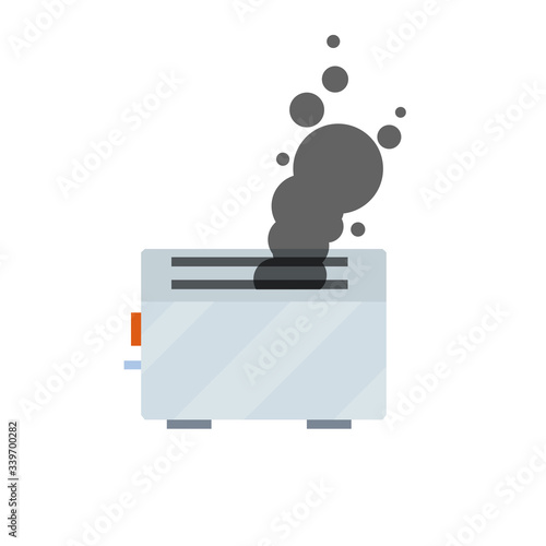 Broken toaster. Element of kitchen things. Toast frying. Black smoke and fire danger. Cartoon flat illustration. Problems with cooking. Damaged home appliance