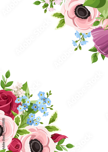Vector greeting or invitation card with red, pink, purple and blue anemones, roses and forget-me-not flowers.