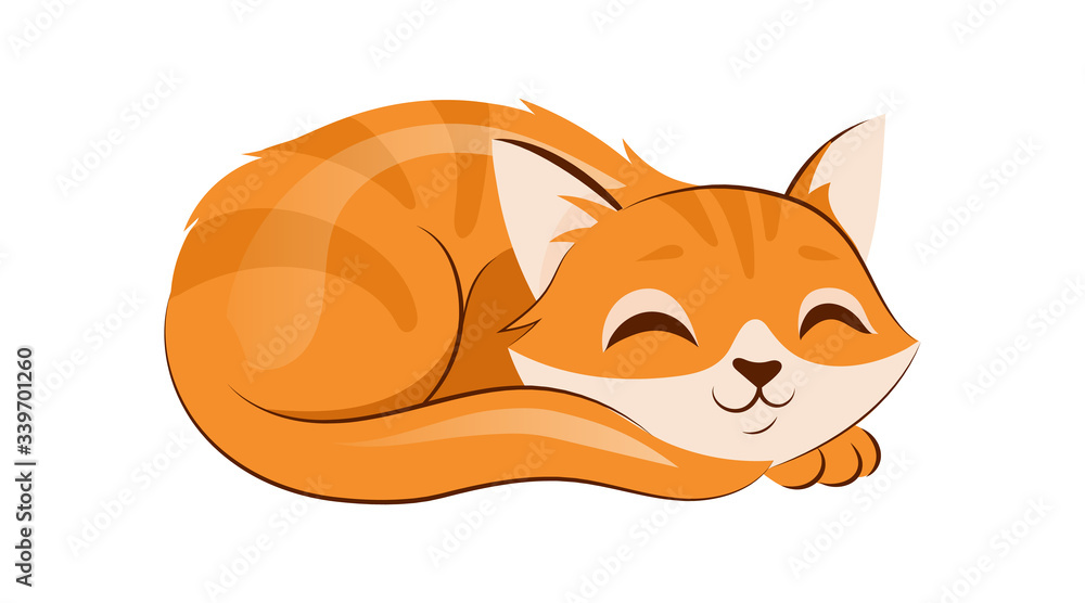 Concept Of Animal Care, Shelter, Donations. Pretty Cat Is Sleeping On Floor, Putting His Head On Paws. Animal Adoption And Support. Kitty Sleepy And Smiling. Cartoon Flat Style. Vector Illustration
