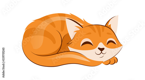 Fototapeta Naklejka Na Ścianę i Meble -  Concept Of Animal Care, Shelter, Donations. Pretty Cat Is Sleeping On Floor, Putting His Head On Paws. Animal Adoption And Support. Kitty Sleepy And Smiling. Cartoon Flat Style. Vector Illustration