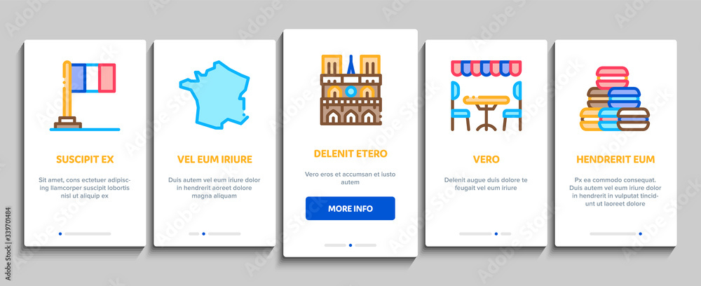 Fototapeta premium France Country Travel Onboarding Mobile App Page Screen Vector. France Flag And Triumphal Arch, Eiffel Tower And Moulin Rouge, Cheese And Croissant Color Contour Illustrations