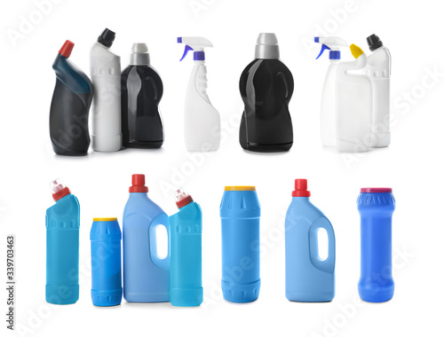 Many bottles of detergents on white background