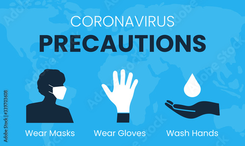 Coronavirus Precautions Wear Masks, Gloves, Wash Hands Illustration with Global World Map