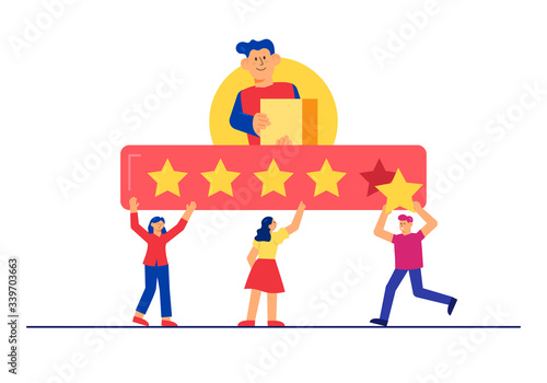 Delivery Service Rating Concept Delivery Guy with Box Flat Design Style Vector Illustration