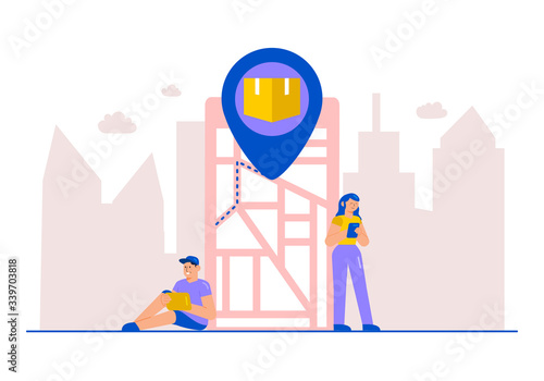 Delivery Service Concept Smartphone GPS with Box Flat Design Style Vector Illustration