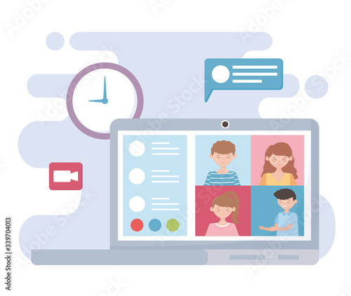 meeting online, laptop people working clock speech bubble video