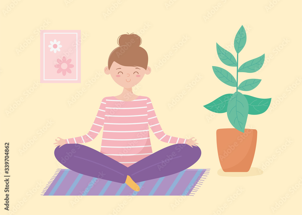 Fototapeta premium quarantine stay at home, woman sitting lotus pose in mat cartoon