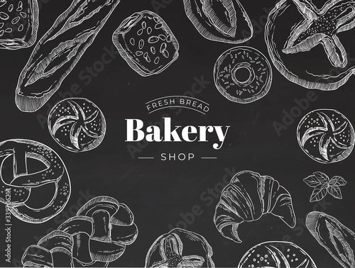 Vector card design with baking illustration. Bread and pastry collection. Hand drawn linear vintage template. Bakery or bakehouse menu on chalkboard. Engraved top view illustration. Horizontal banner.