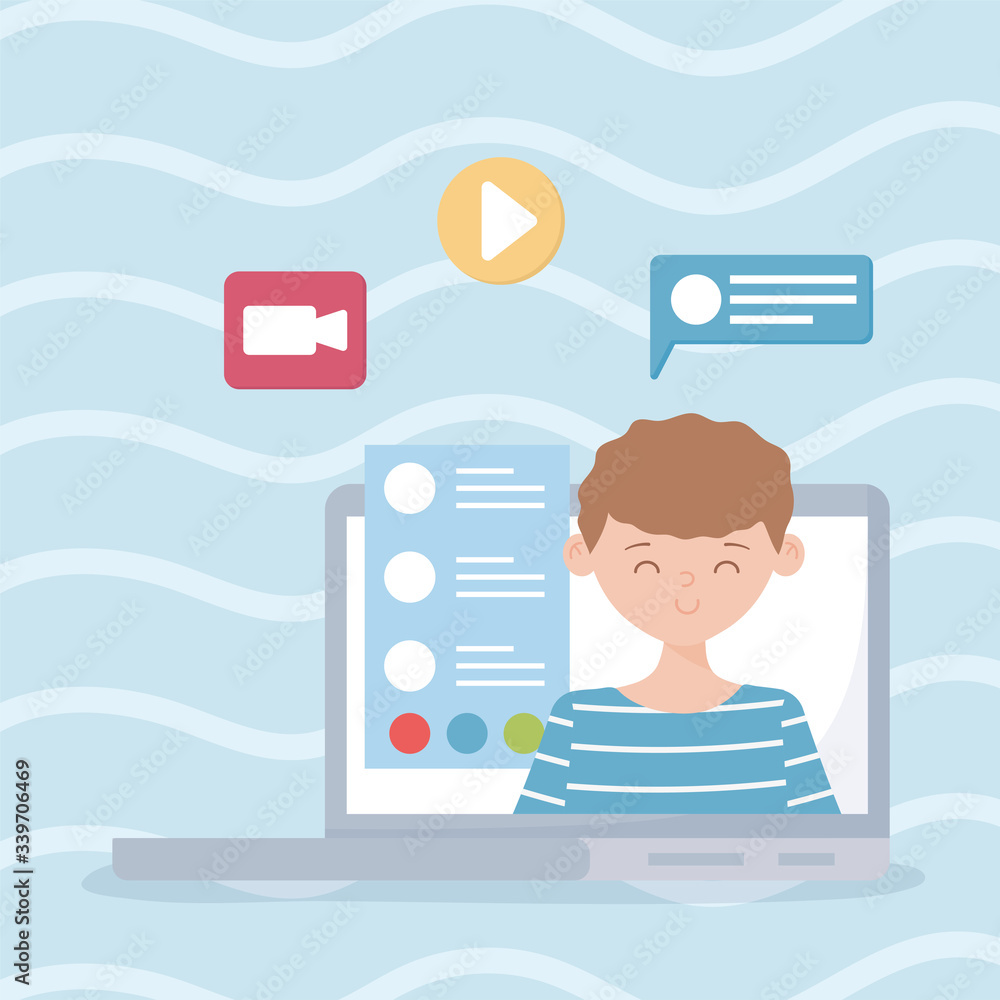 meeting online, man on screen laptop chat message work meeting online, man on screen laptop chat message work