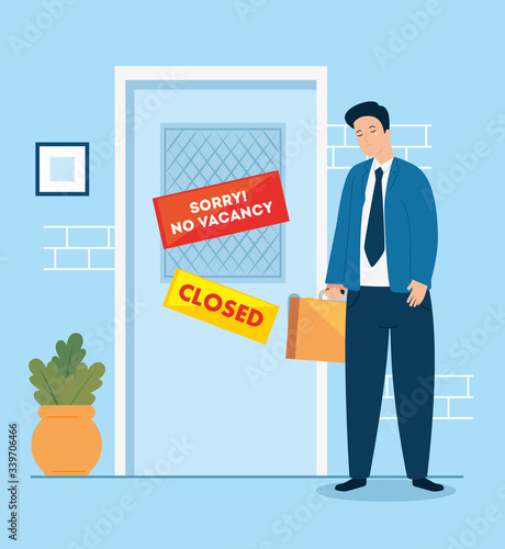 businessman unemployed crying for closed company vector illustration design