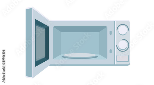 Open microwave with empty space inside, front view vector. Electric oven illustration. Kitchen appliance isolated element. Flat design template on white background. Cartoon style clip art