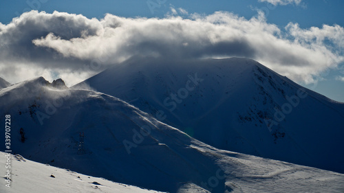 Erzurum Palandoken ski resort. Sunny and snowy mountain landscapes.