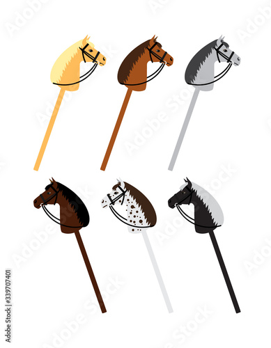 Vector set bundle of six different color flat cartoon riding hobby horse toy isolated on white background