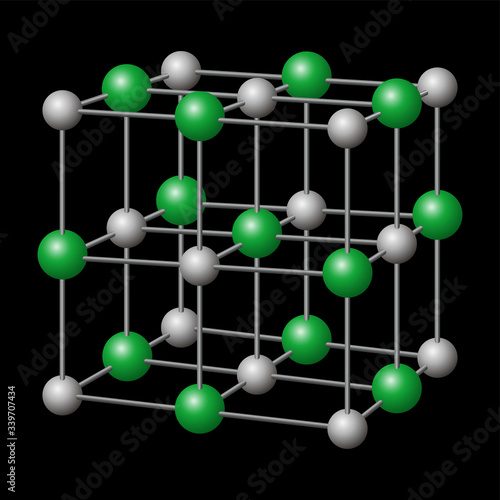 Sodium chloride, NaCl crystal structure with sodium in gray and chloride in green. Chemical compound, edible as table salt, a condiment and food preservative. Illustration in black background. Vector.