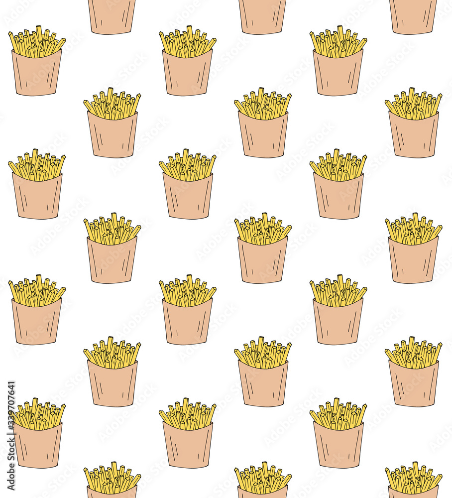 Vector seamless pattern of hand drawn doodle sketch colored french fries isolated on white background Vector seamless pattern of hand drawn doodle sketch colored french fries isolated on white background