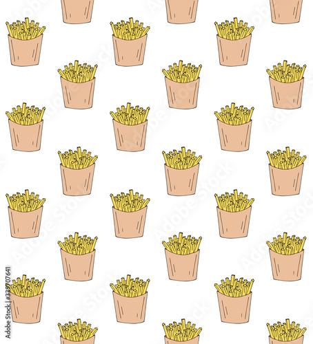 Vector seamless pattern of hand drawn doodle sketch colored french fries isolated on white background