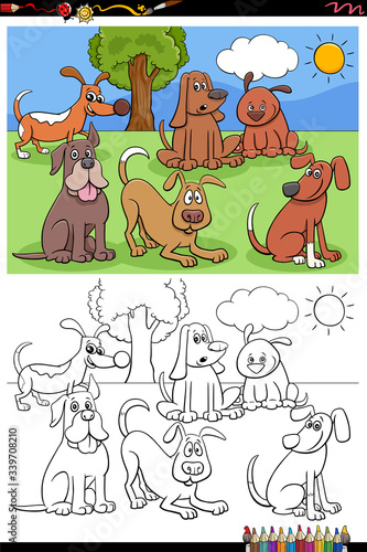 cartoon funny dogs group coloring book page