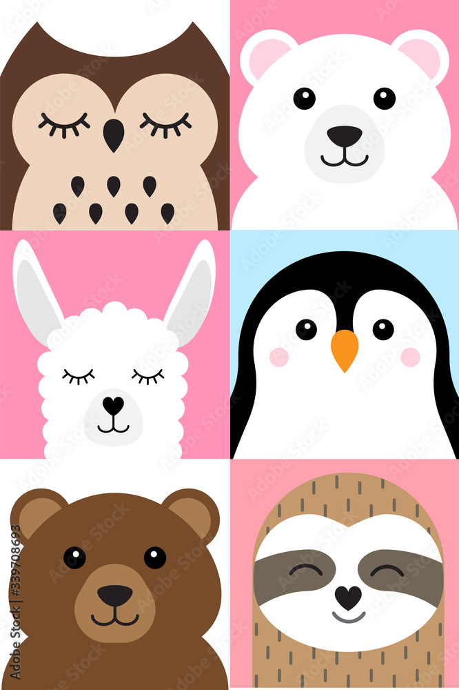 Vector set bundle of flat cartoon different animals and birds faces isolated on white background