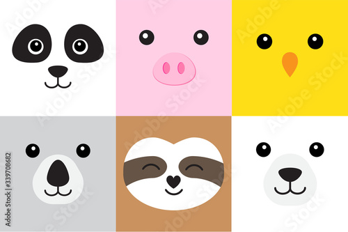 Vector set bundle of flat cartoon different animals faces isolated on white background