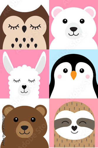 Vector set bundle of flat cartoon different animals and birds faces isolated on white background