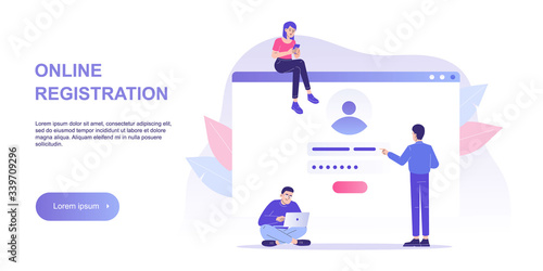 Online registration and sign up concept. People signing up or login to online account with user interface. Secure login and password. Vector illustration landing template for UI, mobile app, web  photo