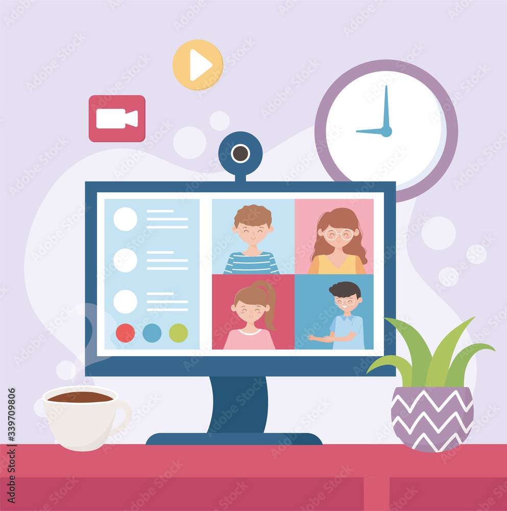 meeting online, employees chat video clock coffee cup meeting online, employees chat video clock coffee cup