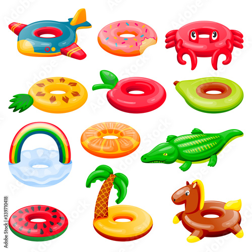 Pool inflatable rings set. Boys and girls floating funny toys. Vector illustration. Summer beach kids leisure elements