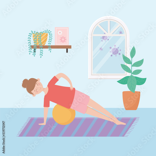quarantine stay at home, woman with yoga ball in room cartoon