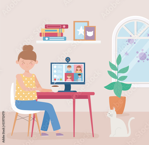 meeting online, woman with computer teleconference for work from home