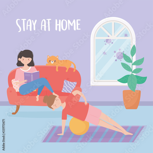 quarantine stay at home, woman practicing yoga and girl reading book in living room cartoon