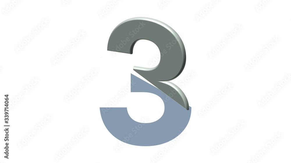 HALF 3D SILVER NUMBERS LETTERS WITH WHITE BACKGROUND : 3 THREE HALF 3D SILVER NUMBERS LETTERS WITH WHITE BACKGROUND : 3 THREE