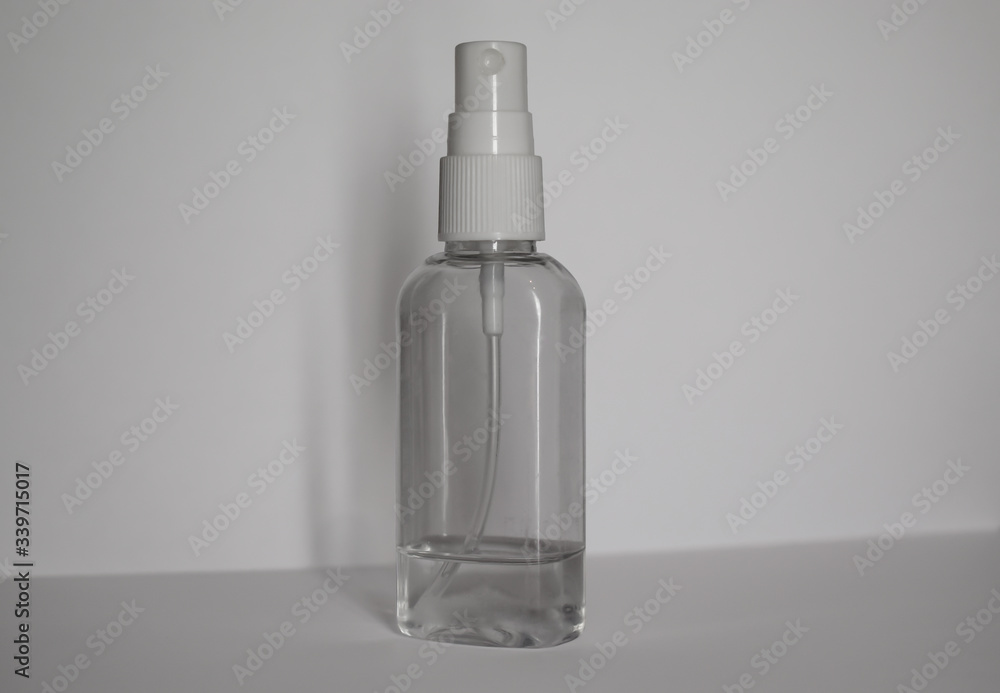 Antibacterial spray for hands close up. Virus protection alcohol disinfectant spray bottle on white background. Antibacterial spray for hands, antiseptic isolated Antibacterial spray for hands close up. Virus protection alcohol disinfectant spray bottle on white background. Antibacterial spray for hands, antiseptic isolated