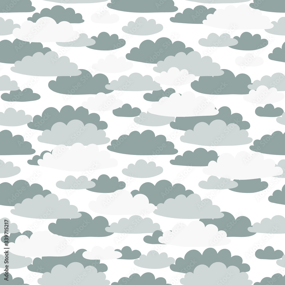 Grey clouds on white background: seamless pattern, sky background, wallpaper design. Vector graphics.