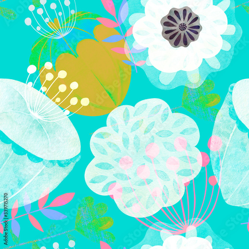 Seamless watercolor pattern of flowers and leaves.