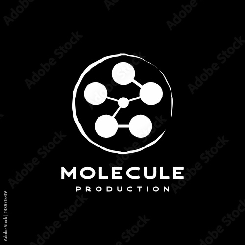 Molecule cell with film reel for a good cinema production video science logo design inspiration