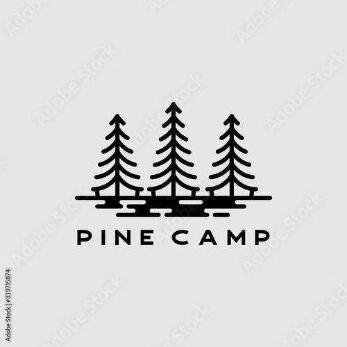 Camping logo design inspiration. Pine coniferous fir conifer cypress spruce cedar larch evergreen tree mono line art vintage retro hipster vector 