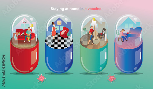 Social Distancing and Stay home concept. Musicians playing a musical instrument. working, People at home in quarantine and enjoy it. Fun home staying. Corona-virus self-isolation.Vector illustration