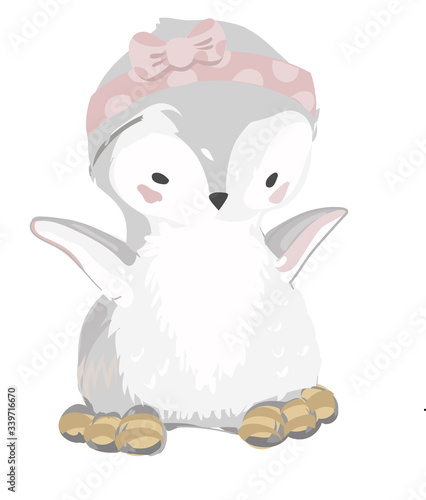 Cute cartoon penguin with pink band, Antarctic bird, animal vector funny illustration isolated on white backdrop, decorative colorful mammal for character design, mascot, zoo alphabet, baby shower