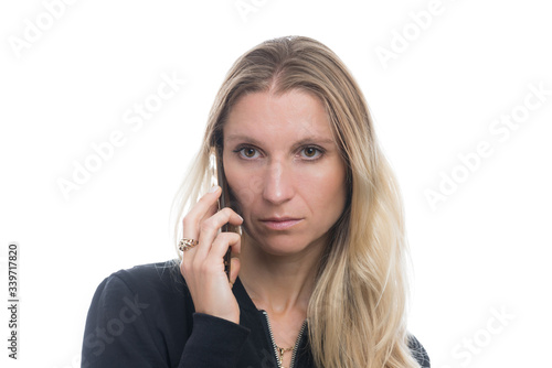 Woman talking on the mobile phone, isolated on white background